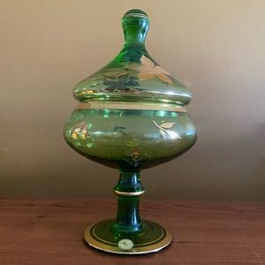 Blown Romanian glass candy dish / Apothecary jar / compote dish / green and gold